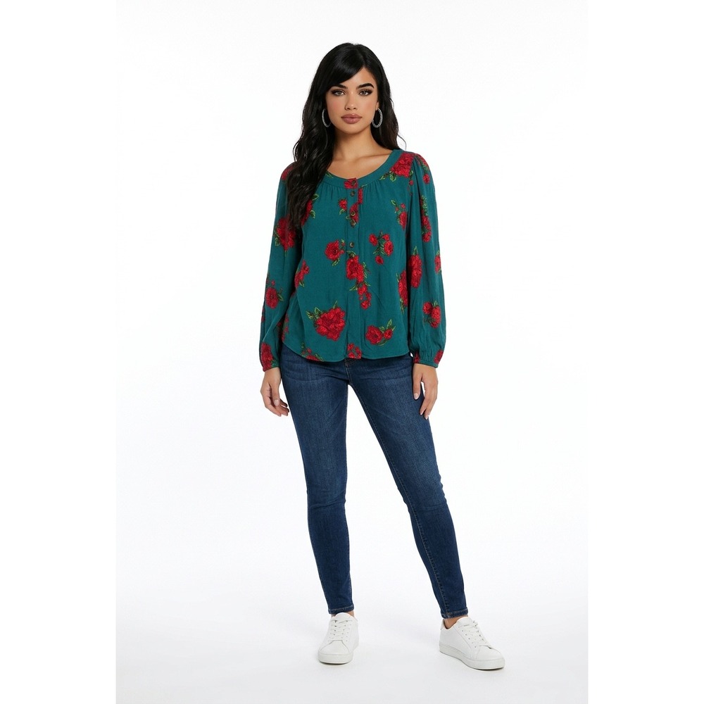 Maeve Anthro Womens Teal Red Floral Rose Long Sleeve Button Front Boho‎ Top M